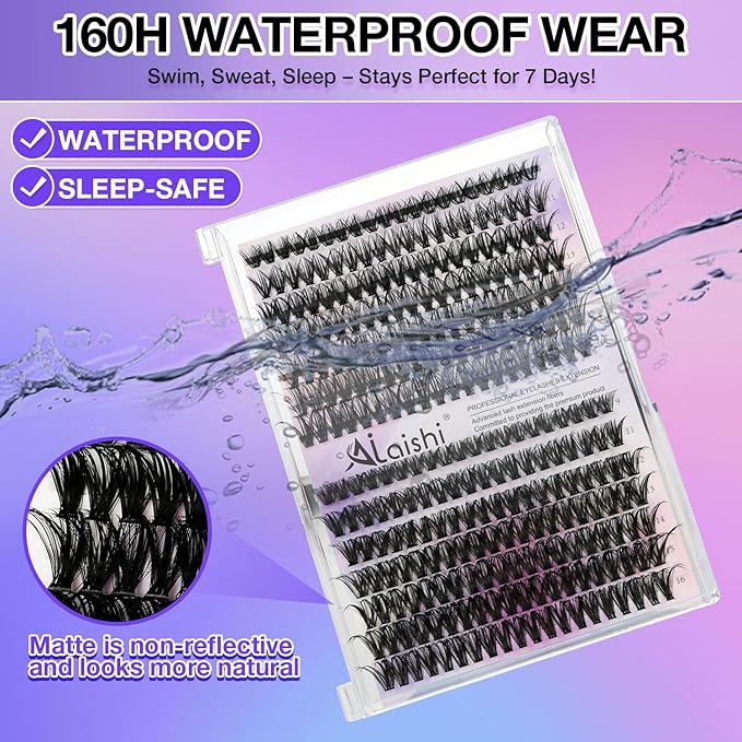 Lash Clusters Kit, DIY Cluster Eyelash Extensions 9‑16mm, 40D+50D, 280pcs, D Curl Natural Volume Lashes with Bond & Seal,Tweezers–Fake Cat Eye Wispy Individual Clusters