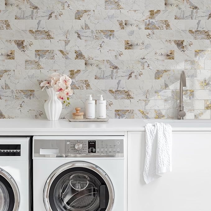 Vamos Tile 4-Piece Glossy Pandora Marble Peel and Stick Backsplash Tile | 3''x6'' Glossy Gold Veining PVC Subway Tile with White Grout,Stick on Backsplash for Kitchen/Bathroom/Laundry/Camper