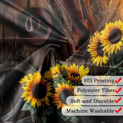 Farmhouse Western Shower Curtain, Rustic Country Cowboy Barn Door Bath Curtain Set, Brown Southwest Cowboys Boots Hat Bull Sunflowers Bathroom Decor Accessories with Hooks 60X70IN
