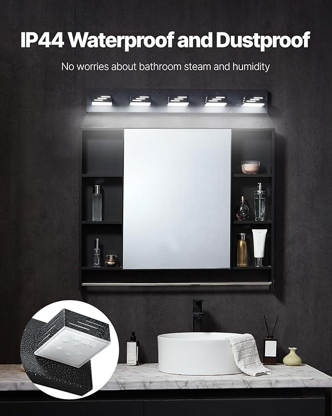 VEVOR 5-Light LED Modern Vanity Light Fixtures, 33.46-Inch, Black Finish Bathroom Wall Lighting Fixture Over Mirror, with IP44 Waterproof, for Bathroom, Living Room, Bedroom, Hallway, Cool White 6000K