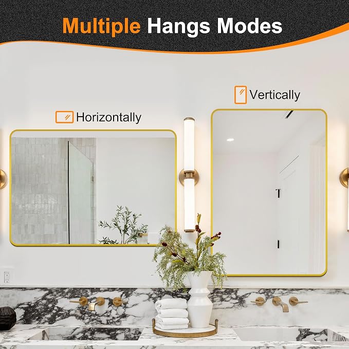 Bathroom Vanity Mirror, Gold Framed Mirror for Over Sink, 36x24 | HD glass, distortion-free for makeup and grooming, Sturdy frame, all mounting hardware, hangs horizontal or vertical