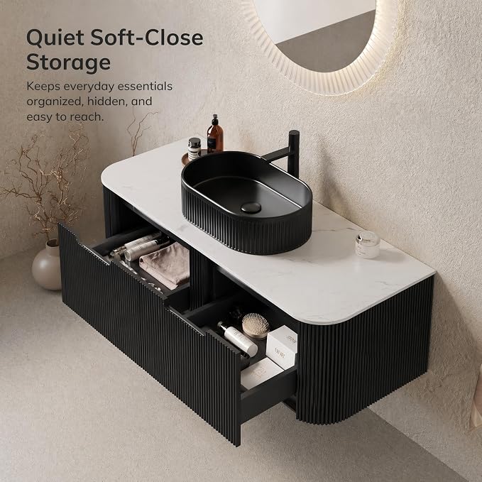 48 Inch Bathroom Vanity with Sink, Floating Wall Mounted Single Sink Vanity, Black Curved Fluted Front, Stone Top, Black Textured Oval Vessel Basin, Pre-Assembled