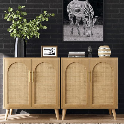 Rovaurx Set of 2 Rattan Storage Cabinet with Doors, Accent Bathroom Floor Cabinet, Modern Sideboard Buffet for Living Room, Entryway, Dining Room and Kitchen, Natural BMGZ108M02 | Set of 2, with Doors