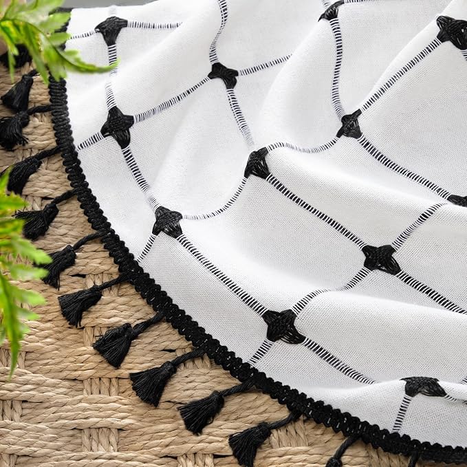 Black and White Shower Curtain Boho Linen Fabric with Embroidered Plaid Pattern and Tassels for Bathroom,72" W×72" L