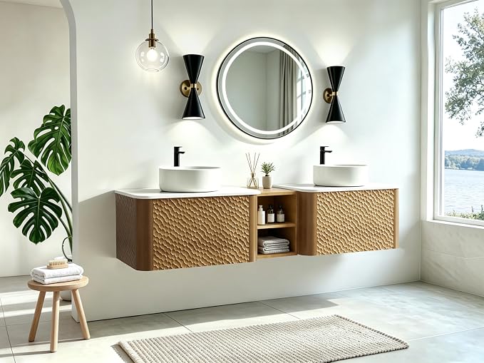 72 Inch Double Vanity with Sink Set, Floating Bathroom Sink Cabinet with Sintered Stone Top&Solid Wood Hammered Frame, Double Bathroom Vanities w/Soft-Close Drawers&1 Middle Open Cube