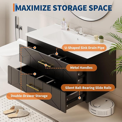 Garvee 36" Bathroom Vanity with Sink, Floating Bathroom Vanity with Ceramic Basin, 2 Large Storage Drawers with Gold Metal Handle, Modern Wall Mounted Bathroom Cabinet with Sink, Black