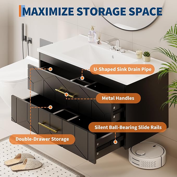 IDEALHOUSE Floating Bathroom Vanity with Sink 36 inch, Modern Bathroom Sink Cabinet, Ceramic Vanity Top, 2 Large Storage Drawers with Gold Metal Handle, Easy to Assembly, Black
