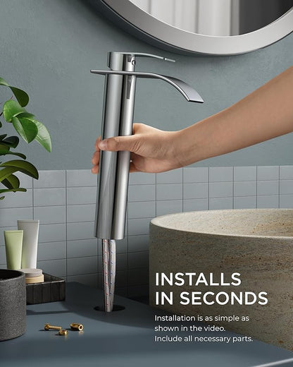 FORIOUS Waterfall Bathroom Vessel Sink Faucets with Metal Pop up Drain and Lead-Free cUPC Hose, Chrome Single Handle Tall Bathroom Faucet 1 Hole, 11inch for Bath,Vessel