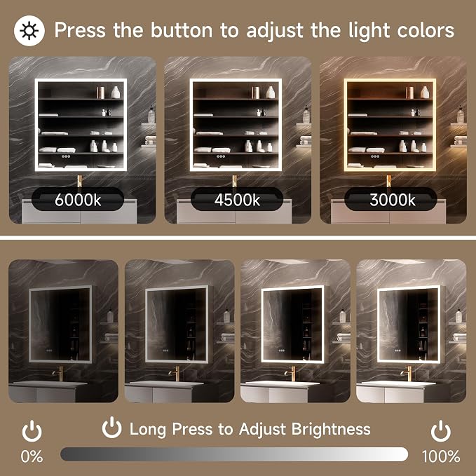 LED Lighted Medicine Cabinet with Mirror, 30x32 Inches, Recessed or Wall Mounted, Anti-Fog, 3 Color Temperature, Adjustable Brightness, Bathroom Storage Cabinet