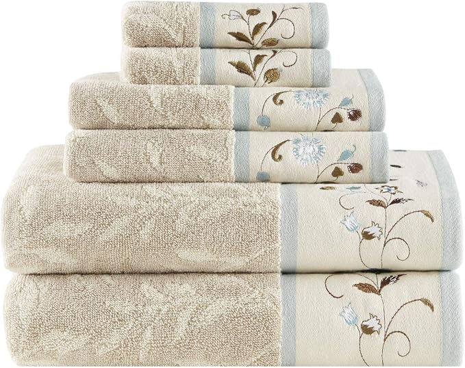 Madison Park Serene 100% Cotton Bath Towel Set Luxurious Floral Decorative Towels for Bathroom Embroidered Cotton Jacquard Design Soft Highly Absorbent for Shower 600 GSM, Multi-Sizes, Blue 6 Piece | Luxurious Floral Decorative Towels for Bathroom, Emb...