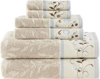 Madison Park Serene 100% Cotton Bath Towel Set Luxurious Floral Decorative Towels for Bathroom Embroidered Cotton Jacquard Design Soft Highly Absorbent for Shower 600 GSM, Multi-Sizes, Blue 6 Piece | Luxurious Floral Decorative Towels for Bathroom, Emb...