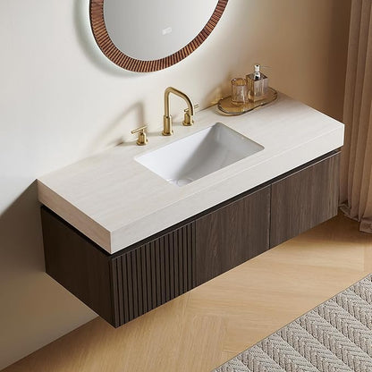 48” Floating Bathroom Vanity with Sink, Wall-Mounted Cabinet with Drawer & Doors, Roma Travertine-Pattern Countertop, Undermount Basin, 3 Faucet Hole, Soft-Close, Pre-Assembled, Dark Oak