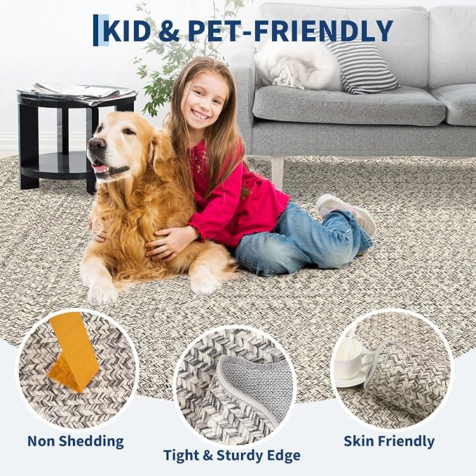 Imitation Braided Collection-Print Washable Area Rug 3x5 Scalloped Entryway Rug with Non Slip Rubber Backing, Farmhouse Soft Low Pile Rustic Accent Rug for Living Room Bedroom Playroom