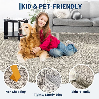 Imitation Braided Collection-Print Washable Area Rug 3x5 Scalloped Entryway Rug with Non Slip Rubber Backing, Farmhouse Soft Low Pile Rustic Accent Rug for Living Room Bedroom Playroom