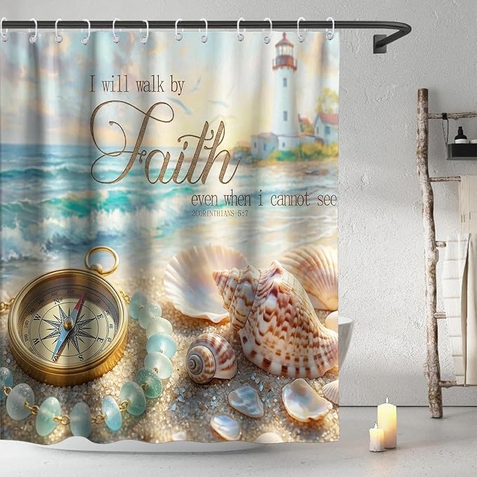 Cute Modern Beach Shower Curtain, Ocean Rustic Coastal Tropical Aesthetic Seashell Shower Curtains for Bathroom, Waterproof Bath Curtain with Hooks Machine Washable Bathtub Curtains 72x72 Inch Blue
