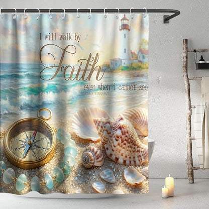 Cute Modern Beach Shower Curtain, Ocean Rustic Coastal Tropical Aesthetic Seashell Shower Curtains for Bathroom, Waterproof Bath Curtain with Hooks Machine Washable Bathtub Curtains 72x72 Inch Blue
