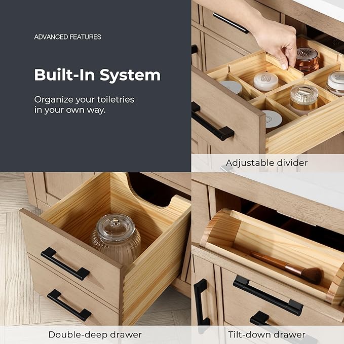 OVE Decors Bailey 42 in. Single Sink Freestanding Sahara Birch Bathroom Vanity with White Quartz Top, Matching Backsplash and Power Bar