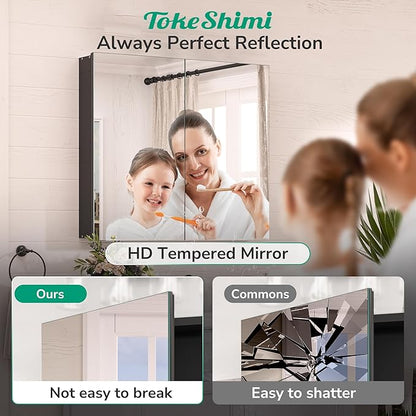 TokeShimi 20 x 26 Recessed Medicine Cabinet Mirror Black Tempered, Aluminum Surface Mount Medicine Cabinet Mirror with Storage with Stepless Adjustable Shelves for Bathroom Modern Farmhouse