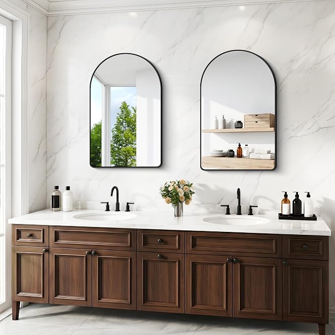 BONEWEI Arched Wall Mirror,32x48 inch Black Arched Mirror Bathroom,Large Vanity Mirror for Over Sink Metal Frame,Tempered Glass Arch Mirrors for Bedroom,Entryway,Living Room,Home Decor Shatter-Proof