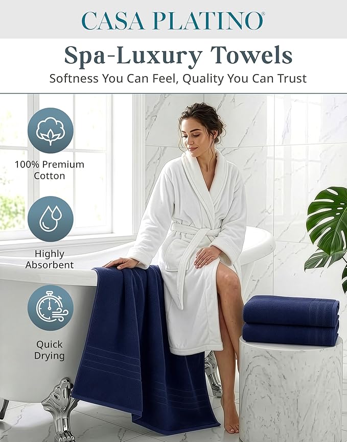 Casa Platino 100% Cotton 2 Pack Bath Towels (30"x60") - Ring Spun Mercerized Cotton Towels Set for Bathroom - Quick Dry, Soft & Absorbent Large Bath Towel Set - Dorm Essentials for Boys - Navy Blue