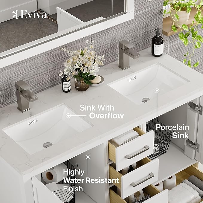 Eviva London 48 in. White Double Sink Bath Vanity with Carrara Quartz Top and Undermount Porcelain Sinks