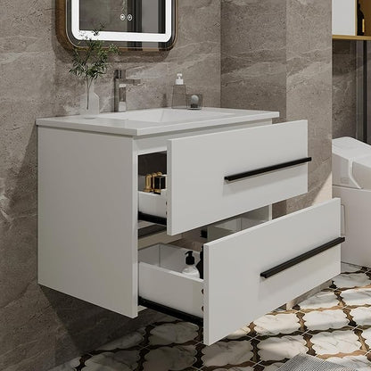 30 Inch Floating Bathroom Vanity - White Modern Wall Mounted Vanity with Sink, Soft-Close Two Drawers, Black Handles & Smooth Motion Glides (White, 30")