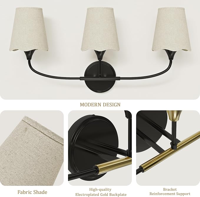 Morauroral Bathroom Light Fixtures Over Mirror, 3 Light Vanity Light for Bathroom, Black Gold Vanity Light Fixtures with Fabric Linen Shade, E26 Socket Sconce Wall Decor(ETL Listed)