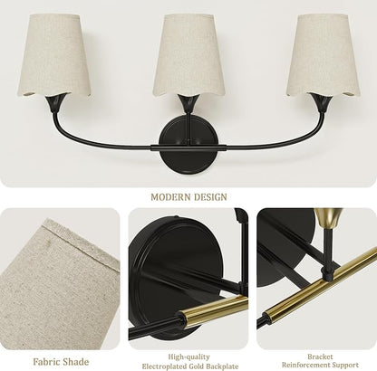 Morauroral Bathroom Light Fixtures Over Mirror, 3 Light Vanity Light for Bathroom, Black Gold Vanity Light Fixtures with Fabric Linen Shade, E26 Socket Sconce Wall Decor(ETL Listed)