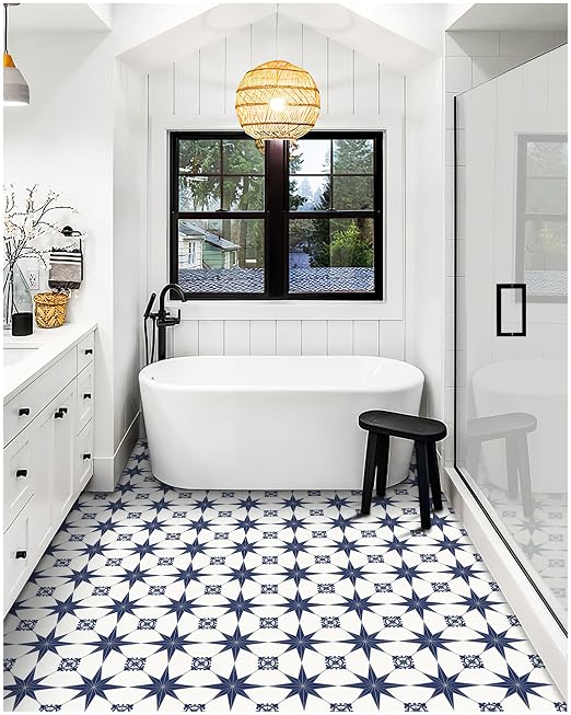MORCART 20PCS 7.87" x 7.87" Peel and Stick Floor Tile, Blue Star | Self-Adhesive DIY Vinyl Flooring, Removable and Waterproof Tile Sticker for Bathroom, Kitchen, Wall, Bedroom, Stairs