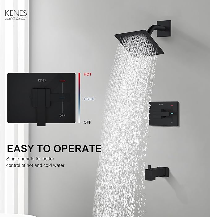 KENES Shower Set with Tub Faucet, Matte Black Tub and Shower Trim Kit | Shower Faucet with 6-Inch Rain Shower Head, Square Shower System, Valve Included, Lead-Free cUPC & NSF Certified, Stainless