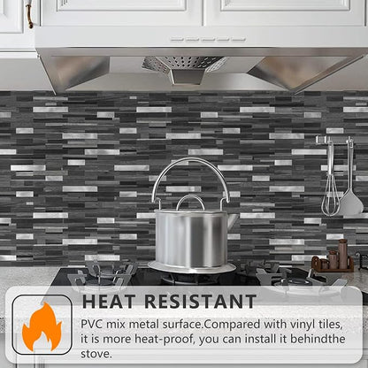 STICKGOO Peel and Stick Backsplash Tile, Stick on Backsplash for Kitchen and Bathroom, Black Grey Wood Look PVC Mixed Metal Silver Self Adhesive Wall Tiles(10 Sheets)