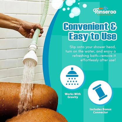 Rinseroo Slip-On Handheld Shower Attachment Hose w/Spray Head | Seated Bathing, Converts Fixed Shower Head, Portable No-Install, For Seniors & RV, Gravity Fed