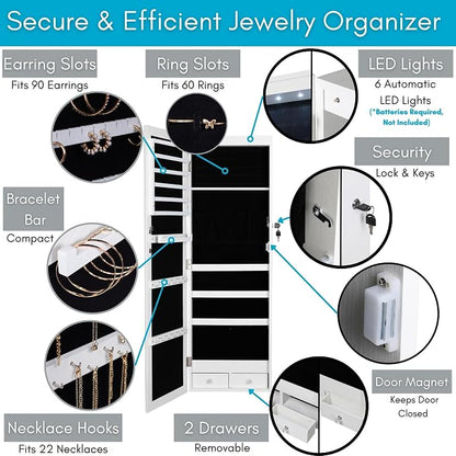 BIRDROCK HOME Hanging Jewelry Organizer - Lockable Storage Cabinet with Body Mirror & LED Lights, Door or Wall Mounted for Closet or Bedroom Dresser, Adjustable Height & Large Capacity - White