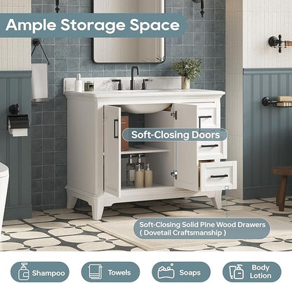 42 Inch Bathroom Vanity with Sink, Farmhouse Bathroom Vanity Set with Quartz Countertop, Painted Bathroom Storage Cabinet with Soft Closing Doors & Dovetail Pine Drawers, White