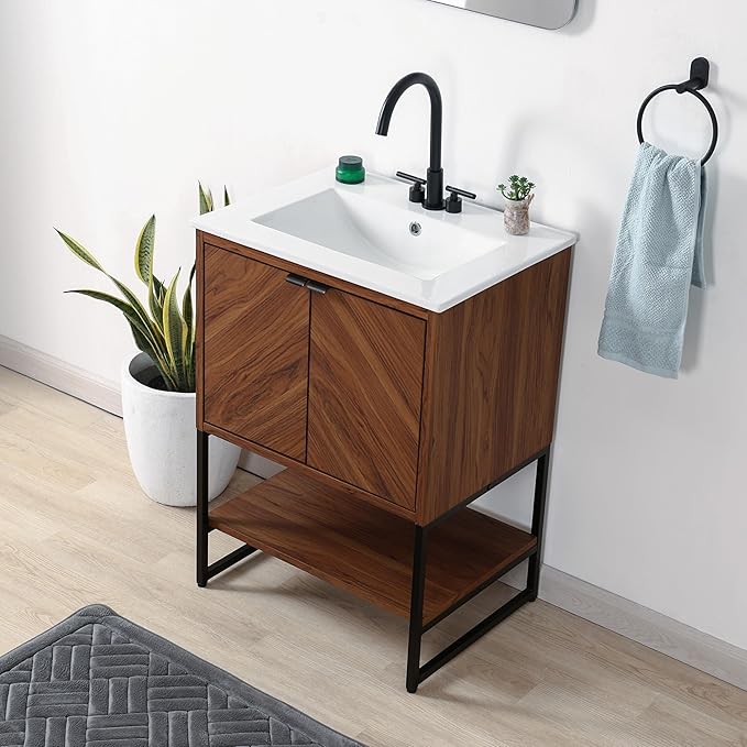 JONATHAN Y VAN1013B Juhl 23.5 in. W x 18 in. D x 33 in. H Chevron-Front Modern Minimalist 2-Shelf Bathroom Vanity Cabinet Only with Soft Closing Doors (Sink Basin Not Included), Walnut