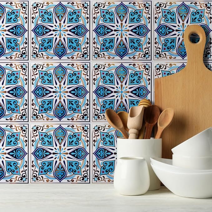 DICOFUN 32 Moroccan Tile Peel and Stick Backsplash, 6" x 6" Waterproof Mandala Stick on Wall Tiles (Style 7)