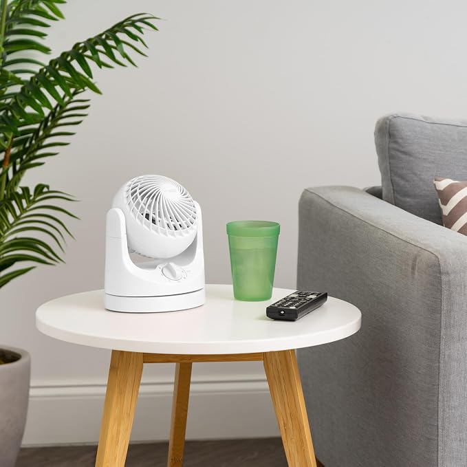 IRIS USA WOOZOO Mini Desk Fan, Oscillating Air Circulator, 112° Tilt, White | 32ft Max Air Distance, 108ft² Coverage, 112° Adjustable Vertical Tilt, 27db