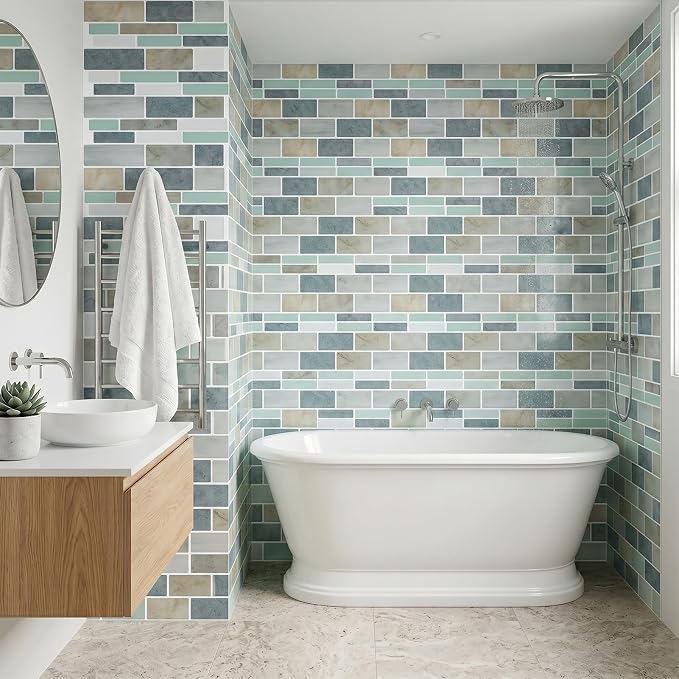 Arttown Peel and Stick 3D Wall Backsplash, 10-Sheet, 12" × 12" Blue Gray | Subway Tiles Self Adhesive Thicker Design Wall Tile Panel Wallpaper for Kitchen Bathroom Balcony