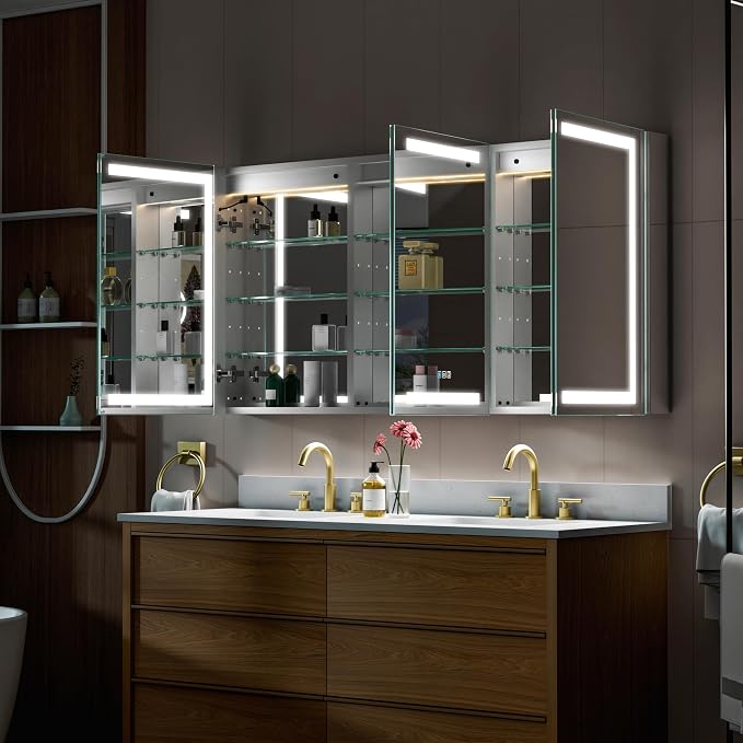 60" X 30" Bathroom Mirror Medicine Cabinet with 3X Magnification Makeup Mirror, LED Mirrored Cabinet, Bathroom Storage Mirror Cabinet, Recessed or Surface, Three Opening Doors