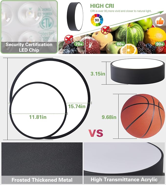 Modern LED Round Flush Mount Ceiling Light Fixture,Black,15.74 inch | Dimmable,36Watts,Bright Adjustment,5CCT 3000K/3500K/4000K/5000K/6000K,Matte,Metal,for Living Room,Kitchen,Bedroom,Bathroom