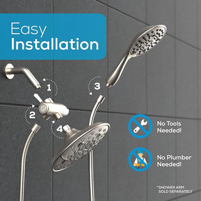 SparkPod Dual Shower Head - 8'' High Pressure 55-Mode Rain Shower Heads with Handheld Spray Combo - Rainfall, Handheld & Dual Mode - Easy Install 3-Way Showerhead with Hose & Holder (Brushed Nickel)