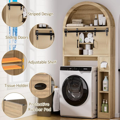 Spurgehom Wood Over Toilet Cabinet, Freestanding Arch Bathroom Organizer | Wood Arch Over Toilet Cabinet with Sliding Doors, Toilet Paper Holder & Anti-tipping Device, Bathroom Storage Unit