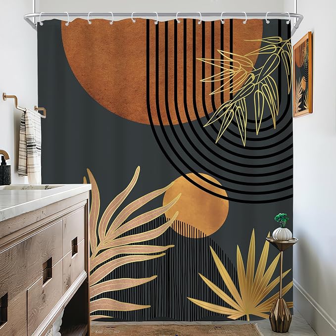 Mid Century Brown Black Boho Abstract Modern Bathroom Shower Curtain Set | 72Wx84L Plant Botanical design, waterproof HD print with fast-drying fabric and 12 hooks.
