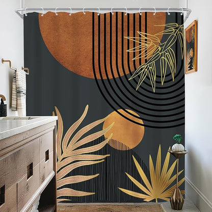 Mid Century Brown Black Boho Abstract Modern Bathroom Shower Curtain Set | 72Wx84L Plant Botanical design, waterproof HD print with fast-drying fabric and 12 hooks.