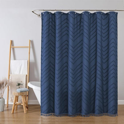 Dusty Blue Fabric Shower Curtain, Boho Shower Curtains for Bathroom Chic Tufted Chevron Striped Textured with Tassel, Soft Hotel Style Farmhouse, Machine Washable, 72x78, Dusty Blue