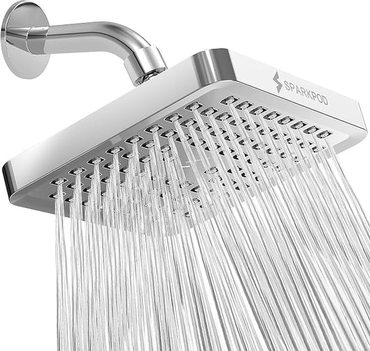 SparkPod Rain Shower Head, 6 Inch Square, Luxury Polished Chrome Finish | High Pressure Shower Heads, 90 Nozzles, Adjustable Showerhead, No Tools Needed, Universal Connection