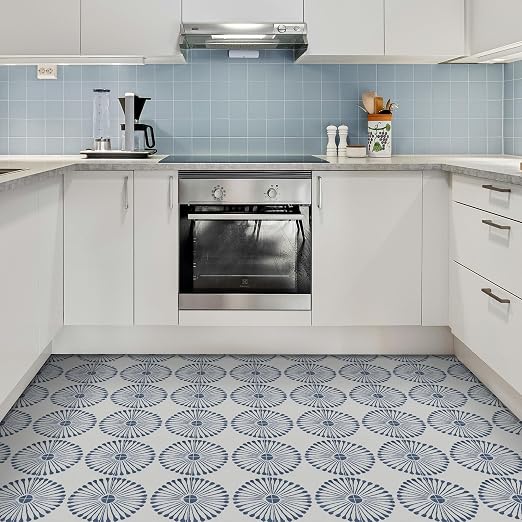 16-Sheet Peel and Stick Floor and Wall Tile, 9" x 9" Blue Stone Composite Self Adhesive Vinyl Flooring, Patterned Flower Groutable Backsplash Tile for Kitchen Bathroom Shower