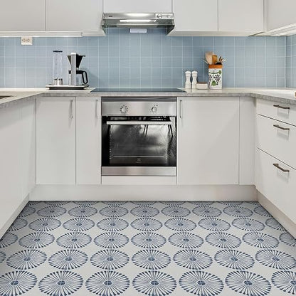 16-Sheet Peel and Stick Floor and Wall Tile, 9" x 9" Blue Stone Composite Self Adhesive Vinyl Flooring, Patterned Flower Groutable Backsplash Tile for Kitchen Bathroom Shower