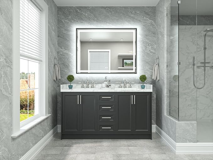 48 x 36 Bathroom LED Mirror Brushed Gunmetal Gray/Off‑Black Frame Frontlit & Backlit Vanity Mirror Anti-Fog Stepless Dimmable 3 Colors White/Warm/Natural Wall-Mounted