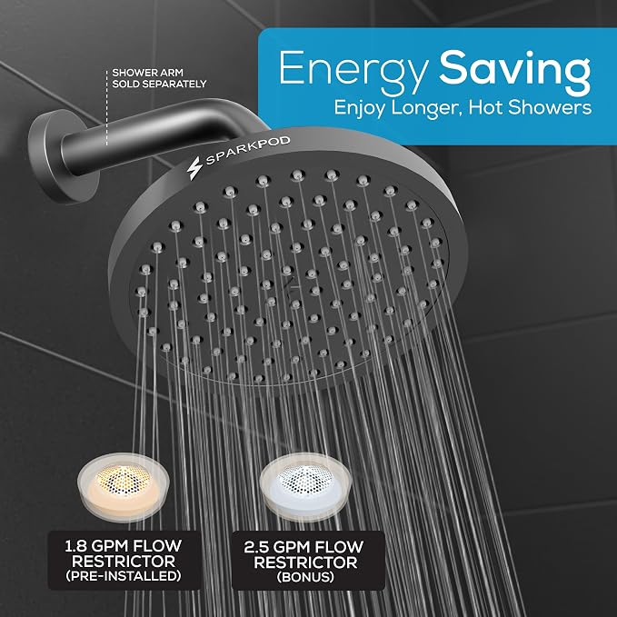 SparkPod Rain Shower Head, 8 Inch Round, Midnight Black Matte Finish | High Pressure Shower Heads, 90 Nozzles, Adjustable Showerhead, No Tools Needed, Universal Connection